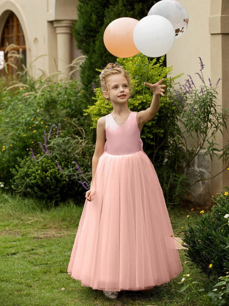 12m / Pink Sunnypetal Floor-Length V-Neck Sleeveless Tulle Flower Girl Dresses with Satin Bow