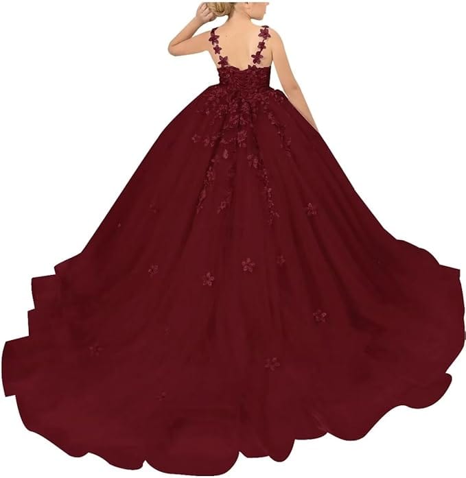 18m / Burgundy Sunnypetal Ball-Gown Light Pink Tulle Lace 3D Floral Beading Flower Girl Dress