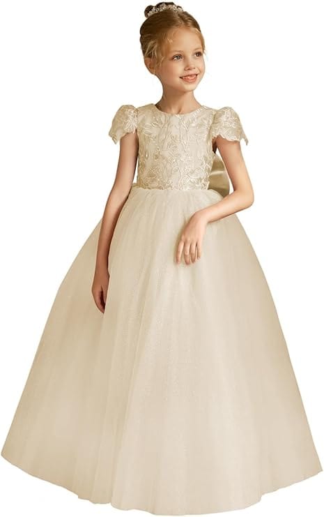 18m / Champagne Flower Girls Lace Cap Sleeve Dress Tulle Back V-Neck Ball Gown with Applique/Bow