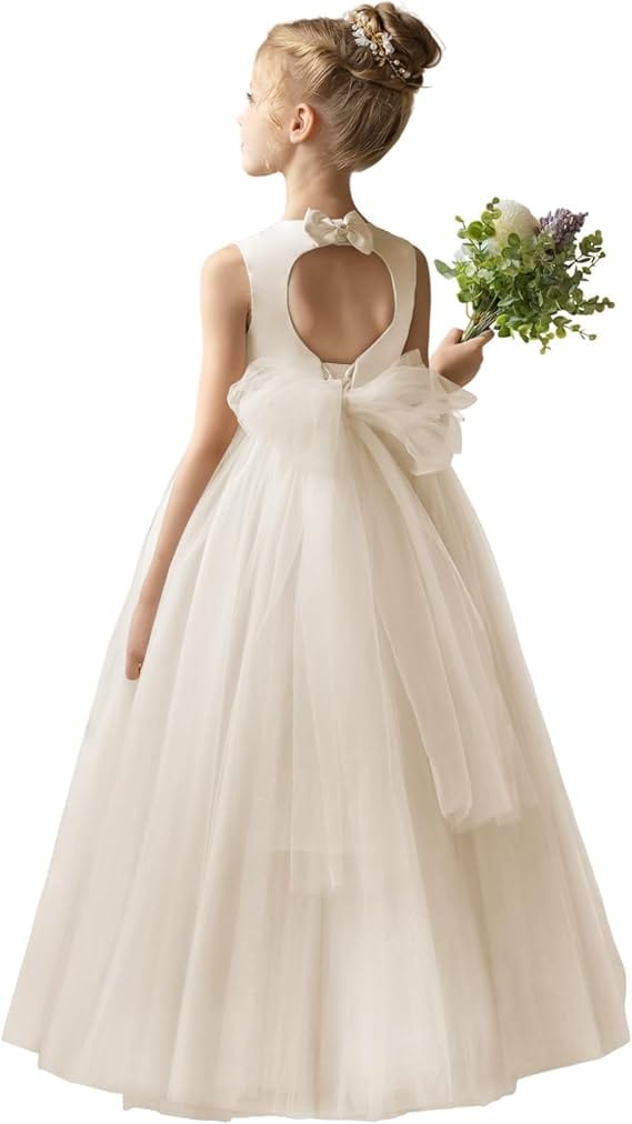 18m / Champagne Sunnypetal Flower Girl Dress Puffy Satin Tulle/Satin Princess Bow Ball Gown