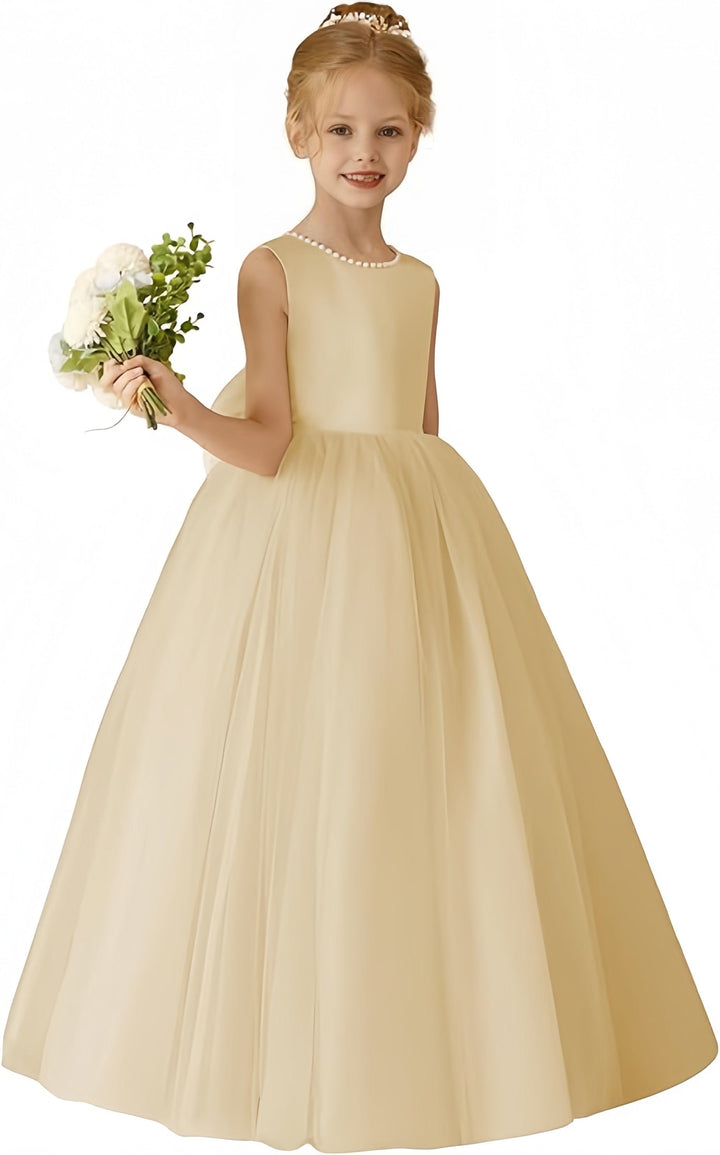 18m / Champagne Sunnypetal Flower Girls Dresses Satin Tulle Princess Kids Pearls Ball Gowns with Bow-Knot