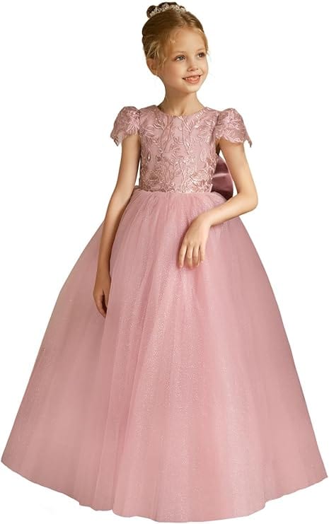 18m / Dusty Rose Flower Girls Lace Cap Sleeve Dress Tulle Back V-Neck Ball Gown with Applique/Bow