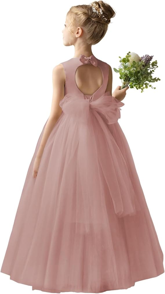 18m / Dusty Rose Sunnypetal Flower Girl Dress Puffy Satin Tulle/Satin Princess Bow Ball Gown