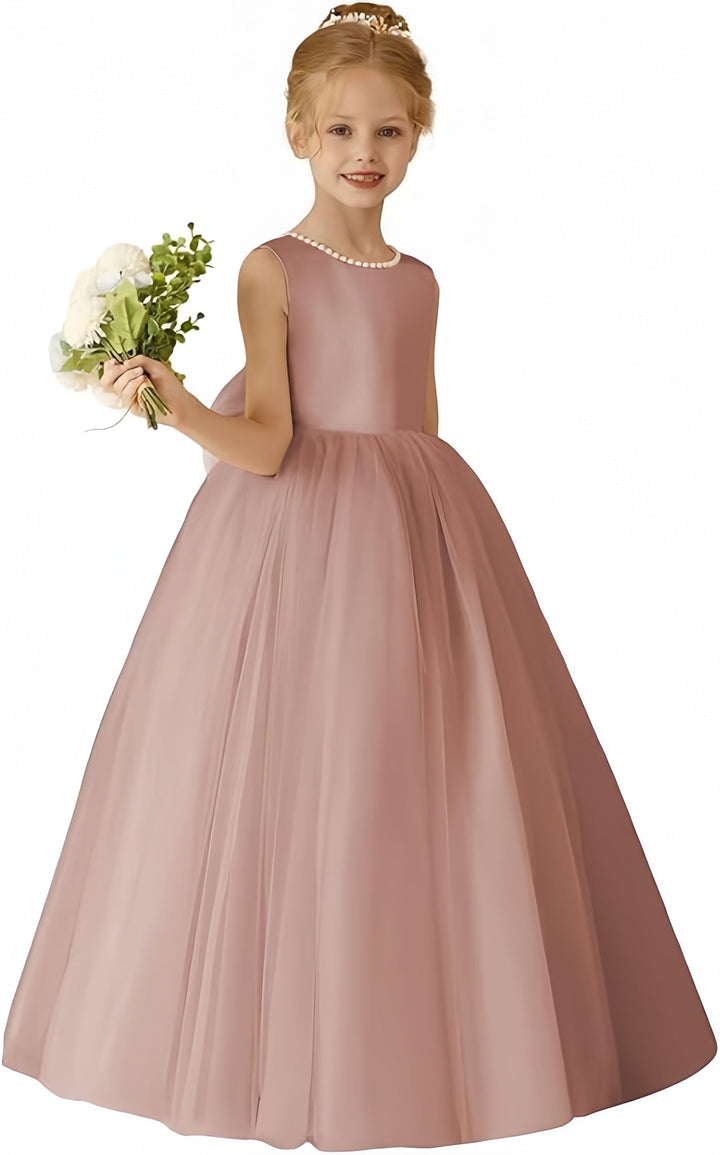 18m / Dusty Rose Sunnypetal Flower Girls Dresses Satin Tulle Princess Kids Pearls Ball Gowns with Bow-Knot