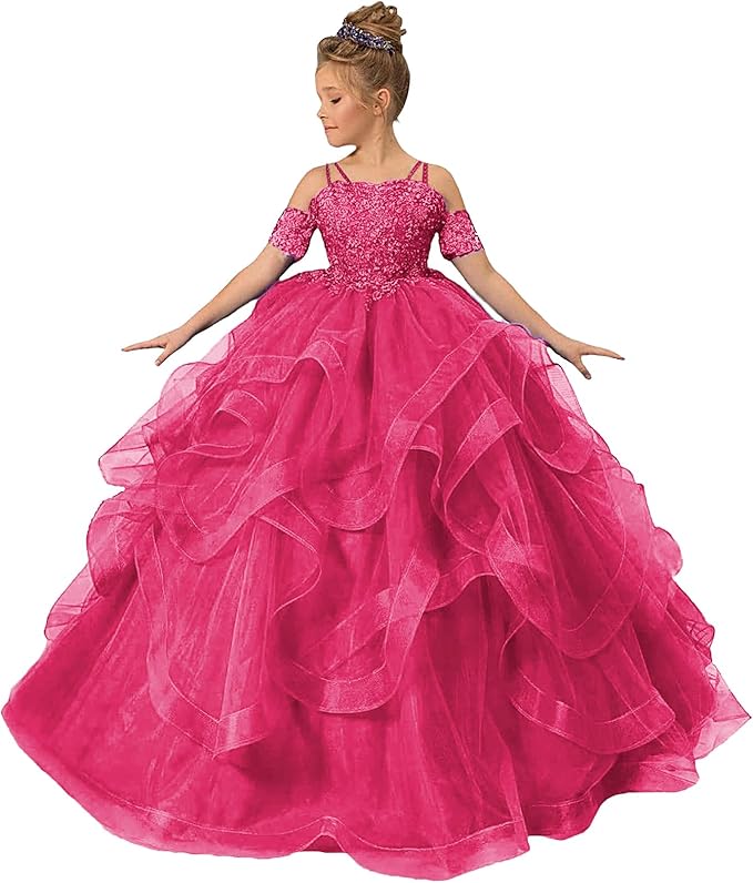 18m / Hot Pink Sunnypetal Ball Gown Cold Shoulder Floor-Length Tulle Lace Flower Girl Dress