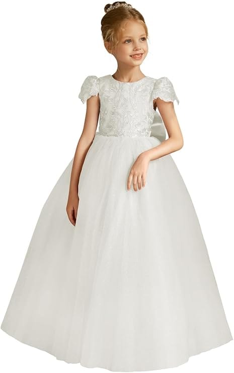 18m / Ivory Flower Girls Lace Cap Sleeve Dress Tulle Back V-Neck Ball Gown with Applique/Bow