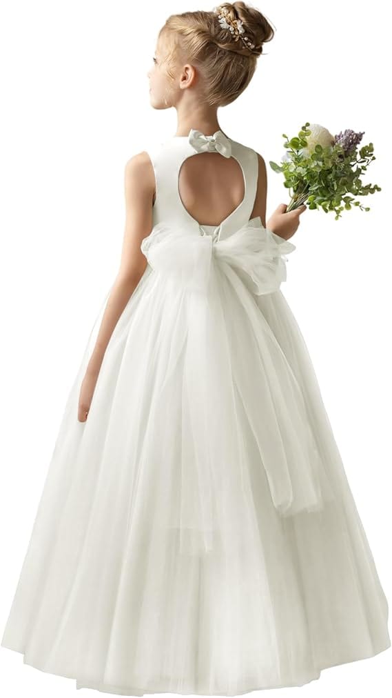 18m / Ivory Sunnypetal Flower Girl Dress Puffy Satin Tulle/Satin Princess Bow Ball Gown