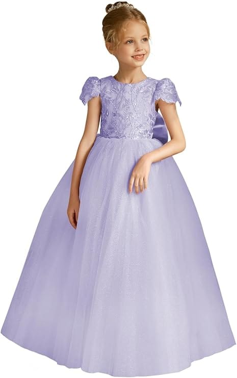 18m / Lavender Flower Girls Lace Cap Sleeve Dress Tulle Back V-Neck Ball Gown with Applique/Bow