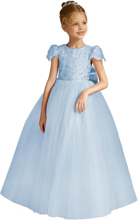 18m / Light Blue Flower Girls Lace Cap Sleeve Dress Tulle Back V-Neck Ball Gown with Applique/Bow