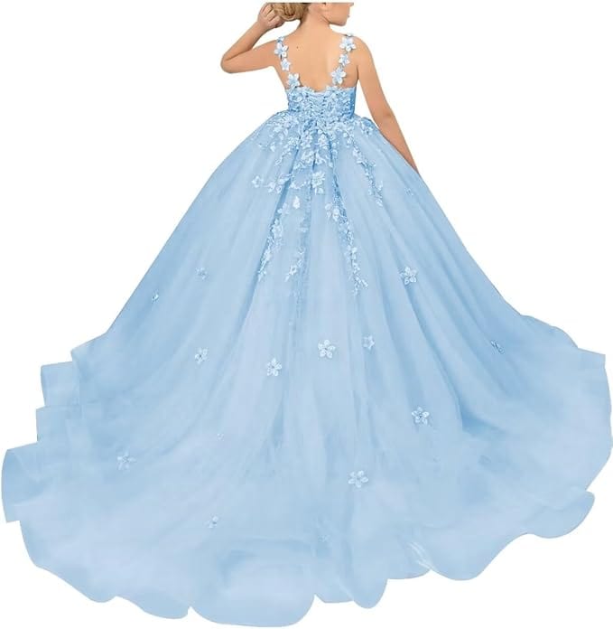 18m / Light Blue Sunnypetal Ball-Gown Light Pink Tulle Lace 3D Floral Beading Flower Girl Dress