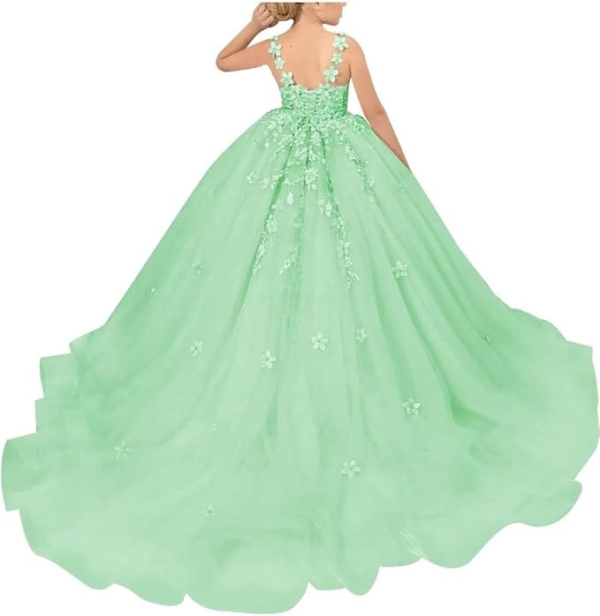 18m / Mint Green Sunnypetal Ball-Gown Light Pink Tulle Lace 3D Floral Beading Flower Girl Dress