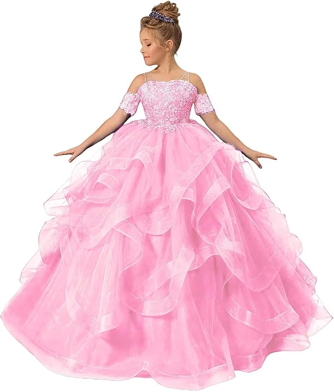 18m / Pink Sunnypetal Ball Gown Cold Shoulder Floor-Length Tulle Lace Flower Girl Dress