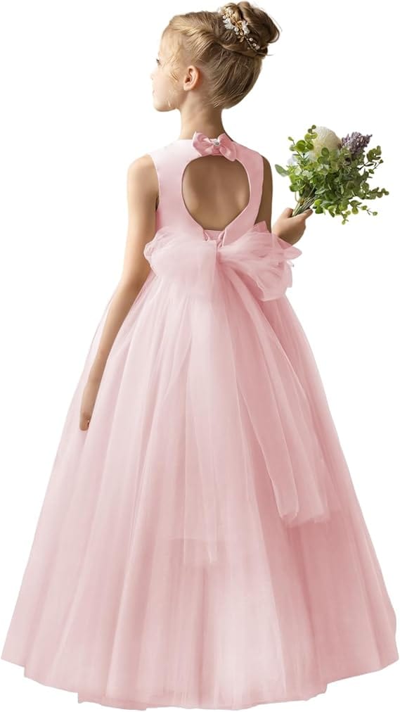 18m / Pink Sunnypetal Flower Girl Dress Puffy Satin Tulle/Satin Princess Bow Ball Gown