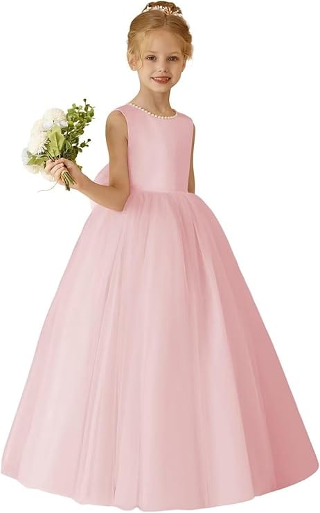 18m / Pink Sunnypetal Flower Girls Dresses Satin Tulle Princess Kids Pearls Ball Gowns with Bow-Knot