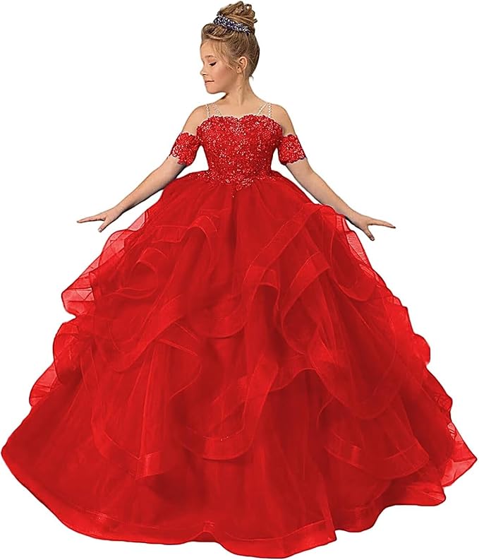 18m / Red Sunnypetal Ball Gown Cold Shoulder Floor-Length Tulle Lace Flower Girl Dress