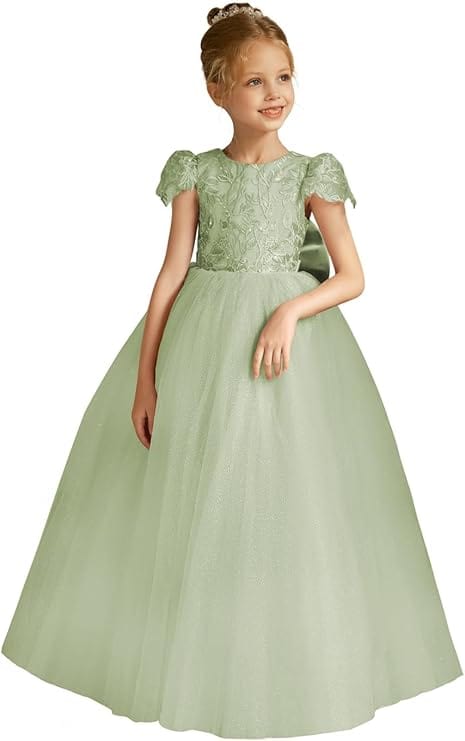 18m / Sage Green Flower Girls Lace Cap Sleeve Dress Tulle Back V-Neck Ball Gown with Applique/Bow