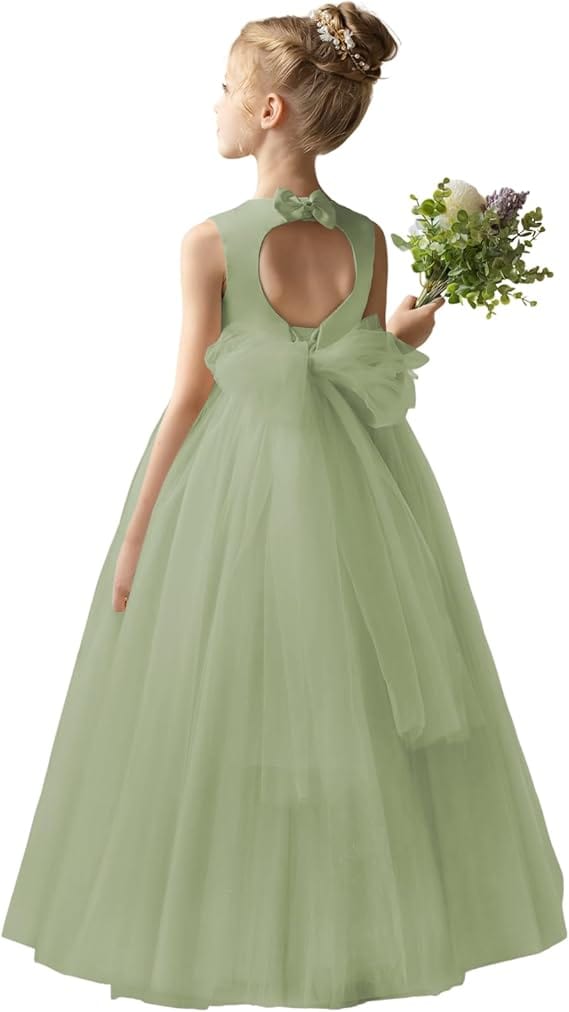 18m / Sage Green Sunnypetal Flower Girl Dress Puffy Satin Tulle/Satin Princess Bow Ball Gown