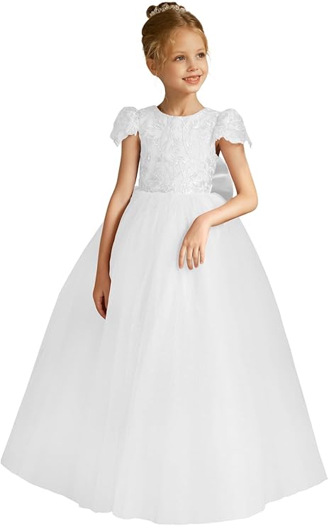 18m / White Flower Girls Lace Cap Sleeve Dress Tulle Back V-Neck Ball Gown with Applique/Bow