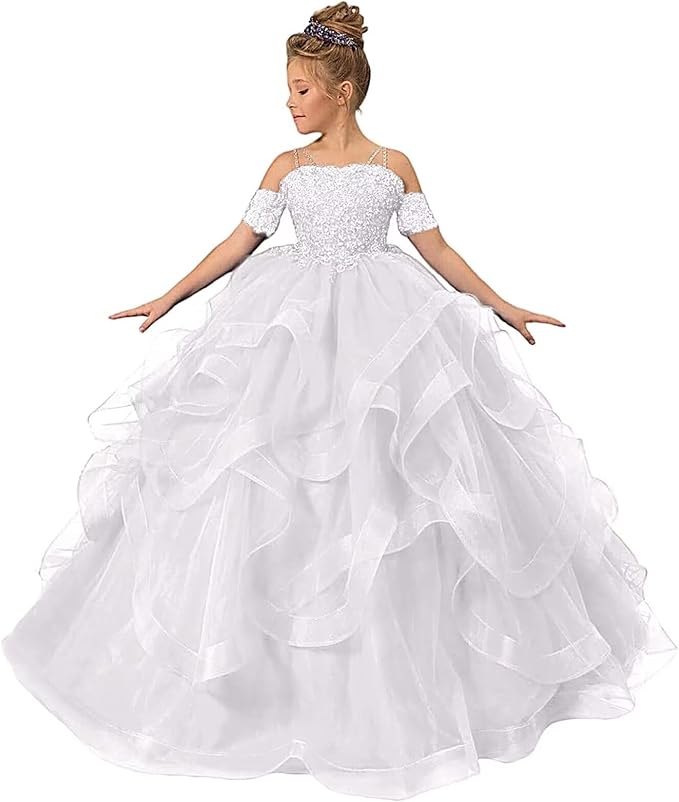 18m / White Sunnypetal Ball Gown Cold Shoulder Floor-Length Tulle Lace Flower Girl Dress