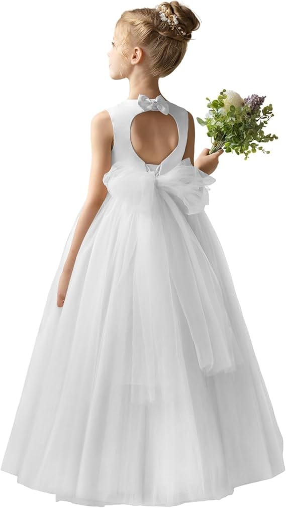 18m / White Sunnypetal Flower Girl Dress Puffy Satin Tulle/Satin Princess Bow Ball Gown