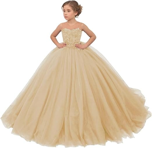 2 / Champagne Sunnypetal Long Tulle Flower Girl Dress for Wedding Lace Applique Princess Pageant Dresses