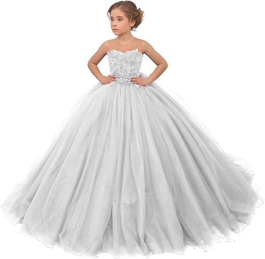 2 / White Sunnypetal Long Tulle Flower Girl Dress for Wedding Lace Applique Princess Pageant Dresses