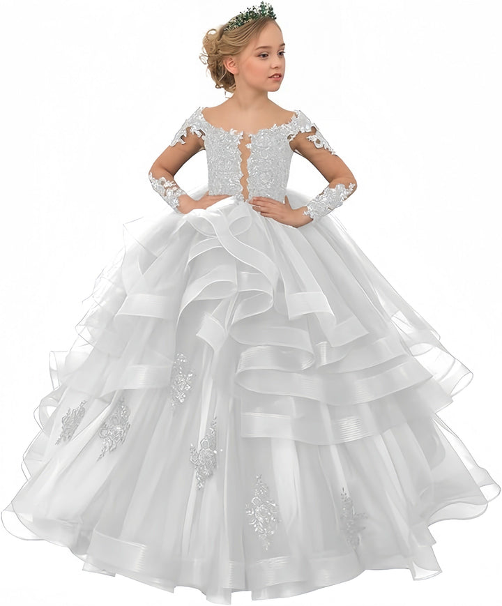 2 / White Sunnypetal Tulle Lace Flower Girl Dress Long Sleeves Princess Gowns With Sequins