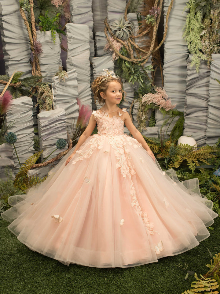 Sunnypetal Puffy Tulle Flower Girl Dress Appliques 3D Butterfly Pageant Party Princess Dresses