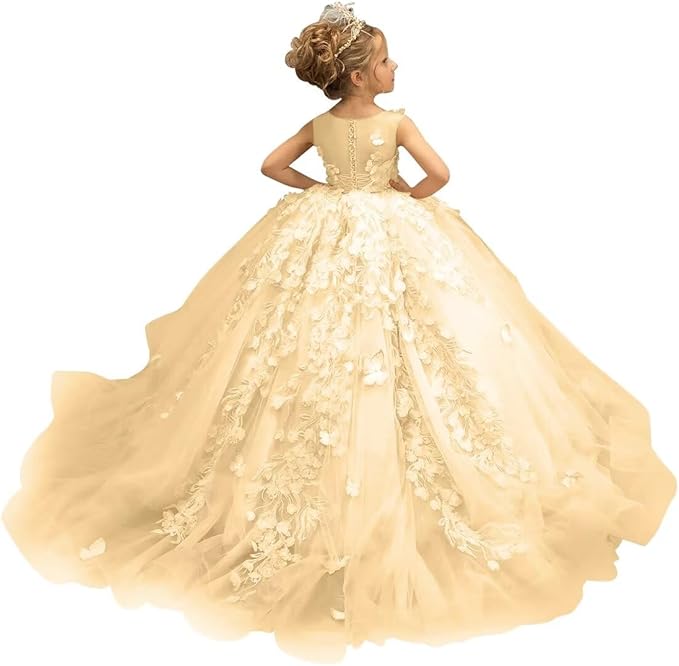 3 / Gold Sunnypetal Puffy Tulle Flower Girl Dress Appliques 3D Butterfly Pageant Party Princess Dresses