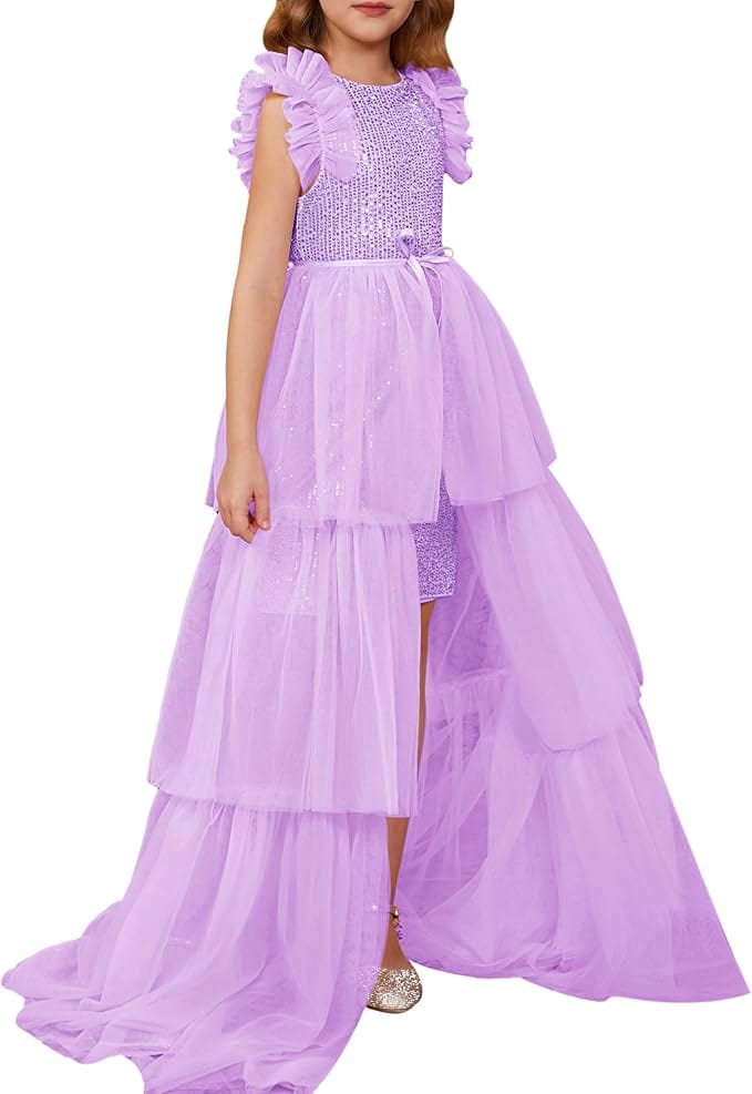 3 / Light Purple Sunnypetal Shiny Sequin Girls Dresses Party Formal Pageant Tulle Prom Birthday Princess Dress