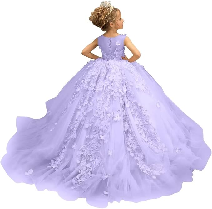 3 / Lilac Sunnypetal Puffy Tulle Flower Girl Dress Appliques 3D Butterfly Pageant Party Princess Dresses