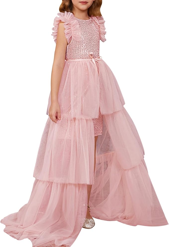 3 / Pink Sunnypetal Shiny Sequin Girls Dresses Party Formal Pageant Tulle Prom Birthday Princess Dress