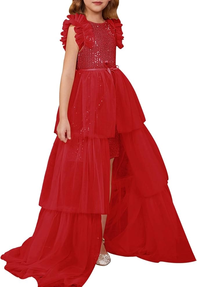 3 / Red Sunnypetal Shiny Sequin Girls Dresses Party Formal Pageant Tulle Prom Birthday Princess Dress