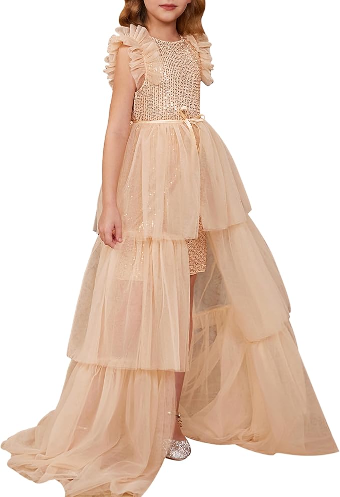 3 / Rose Gold Sunnypetal Shiny Sequin Girls Dresses Party Formal Pageant Tulle Prom Birthday Princess Dress