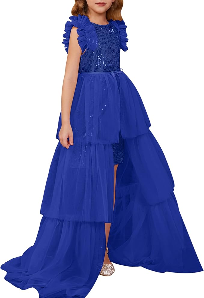 3 / Royal Blue Sunnypetal Shiny Sequin Girls Dresses Party Formal Pageant Tulle Prom Birthday Princess Dress