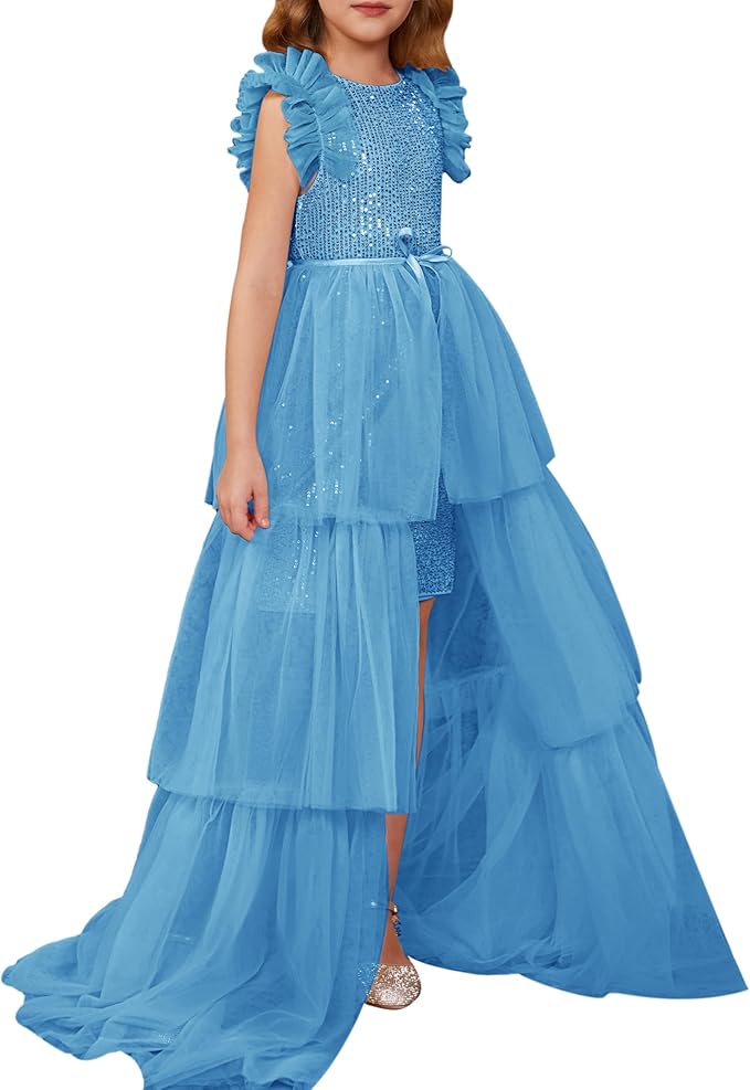 3 / Sky Blue Sunnypetal Shiny Sequin Girls Dresses Party Formal Pageant Tulle Prom Birthday Princess Dress