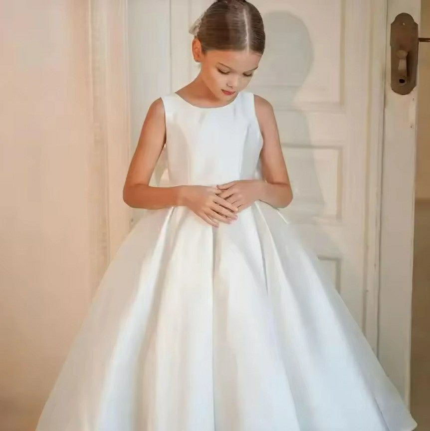 3m / All Ivory Elegant Long Flower Girl Dresses Bow Satin First Holy Communion Dresses for Girls