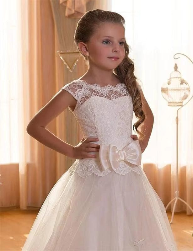 3m / All Ivory Sunnypetal A-Line Tulle Lace Floor-Length Stain Bow Flower Girl Dresses