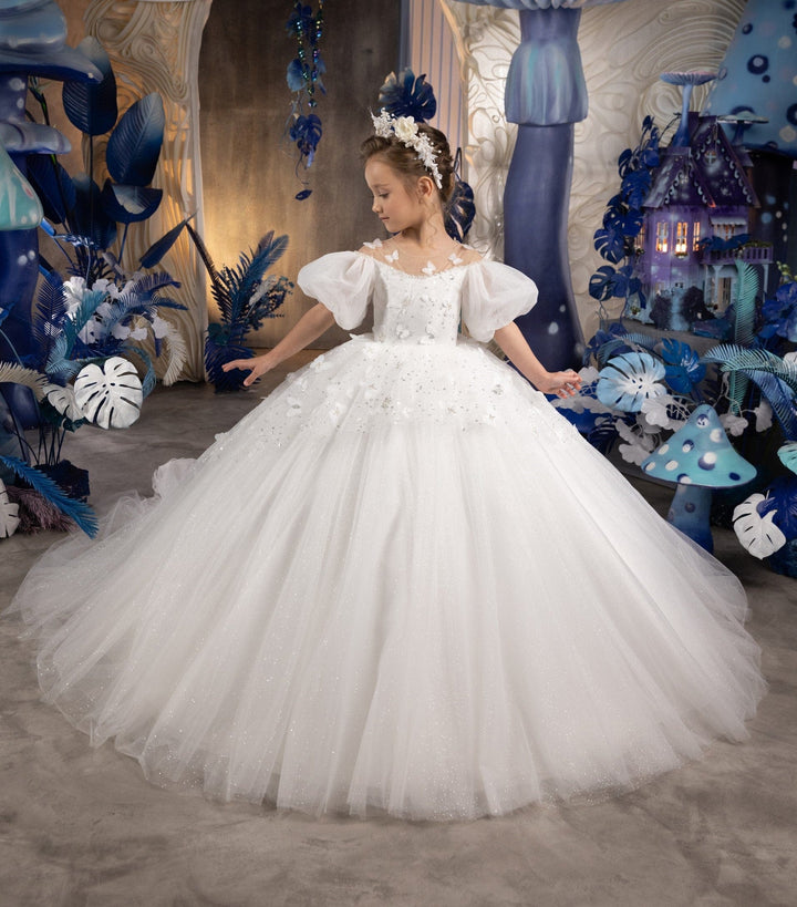 3m / All White Sunnypetal White Tulle Lace 3D Butterfly Kids Flower Girls Dress With Sequins/Beading