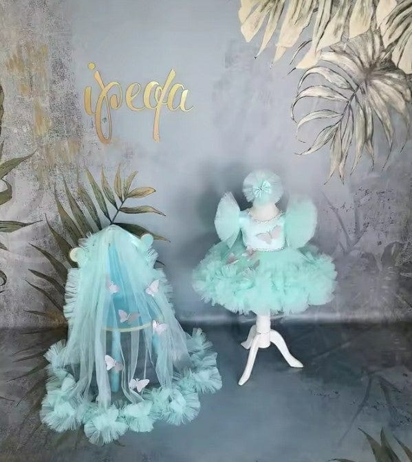 3m / Aqua Sunnypetal Puffy Aqua Flower Girl Dresses Child Butterfly Tulle Dress Rhinestone Bow Kids