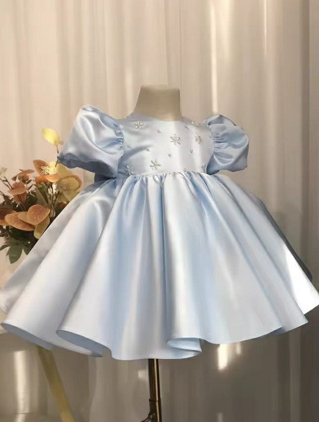 3m / Baby Blue Sunnypetal Baby Blue Satin Flower Girl Dresses Puffy Sleeves Pearls Communion Baptism Gowns