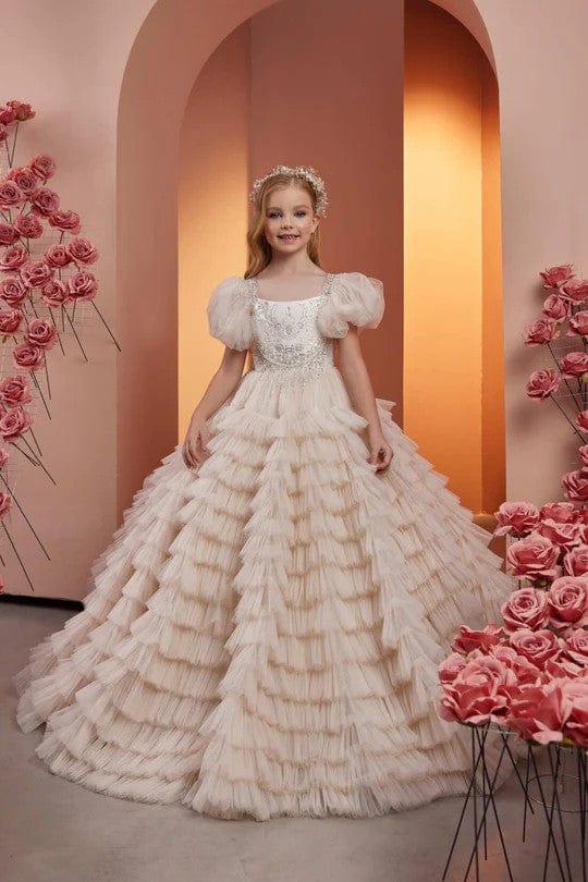 3m / Beige Sunnypetal Exquisite Puff Sleeves Long Ruffled Tulle Flower Girl Dress With Train