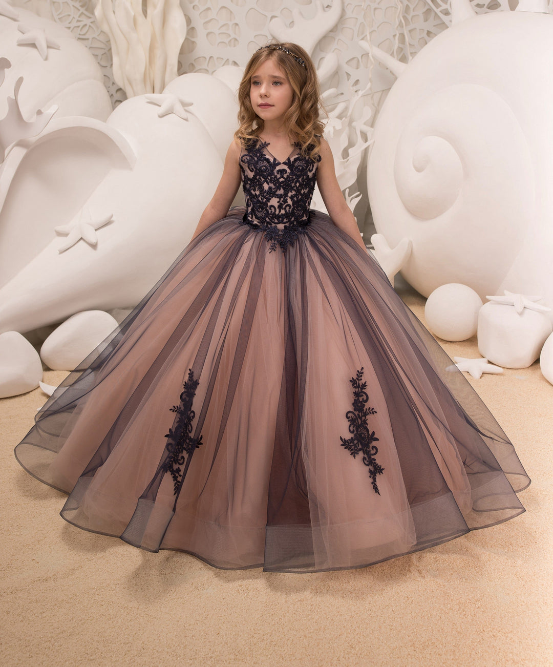 3m / Black Sunnypetal Ball-Gown V-Neck Tulle Lace Kids Flower Girl Dresses