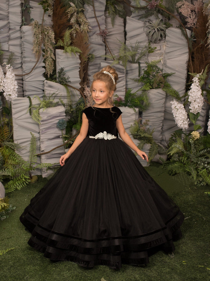 3m / Black Sunnypetal Black Velvet Bodice Tulle Floor-Length Flower Girl Dresses with Bow