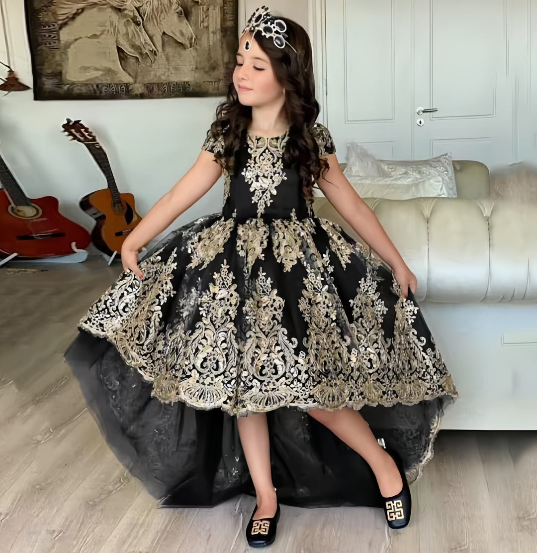 3m / Black Sunnypetal Gorgeous Gold Appliques Flower Girl Dresses Black Tulle Asymmetry Ball-Gown