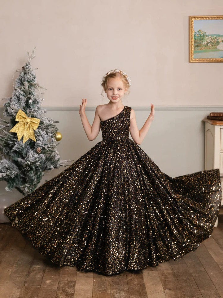 3m / Black Sunnypetal One-Shoulder Black Velvet Shiny Sequins Sleeveless Flower Girl Dresses Birthday Prom Dress