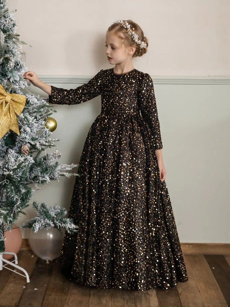 3m / Black Sunnypetal Velvet Sequins Long Sleeves Floor-Length Princess Flower Girl Dresses