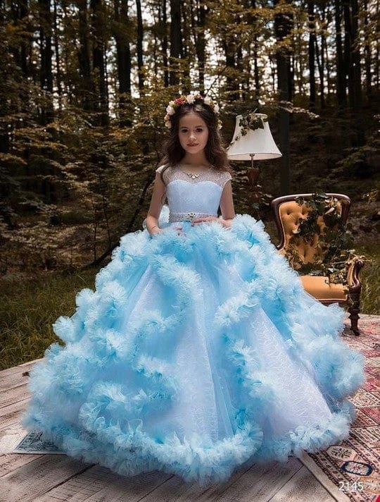 3m / Blue Sunnypetal Ball-Gown Sleeveless Lace Bodice Puffy Tulle Flower Girl Dresses With Belt