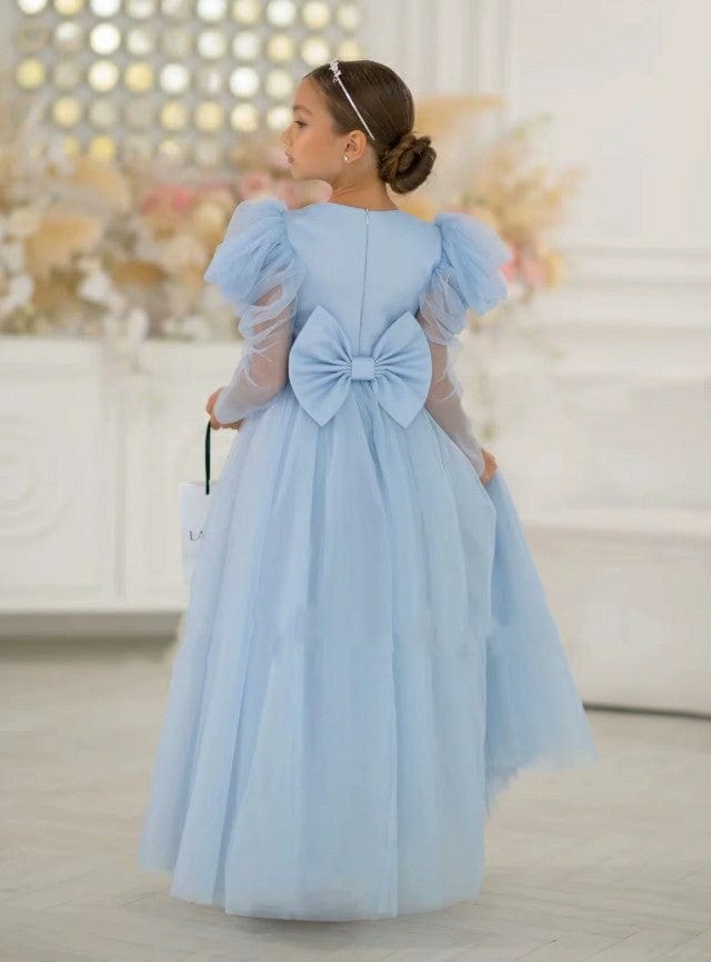 3m / Blue Sunnypetal Elegant Blue Tulle Flower Girl Dresses Long Puffy Sleeves Bow Princess Dress