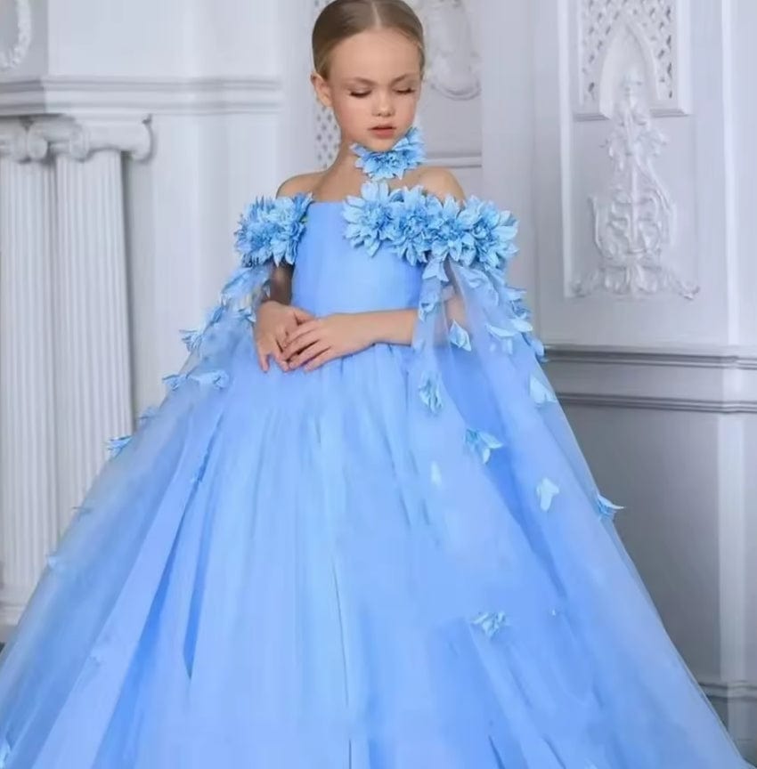 3m / Blue Sunnypetal Flower Girl Dress 3D Floral Off The Shoulder Tulle Birthday Kids Ball Gowns